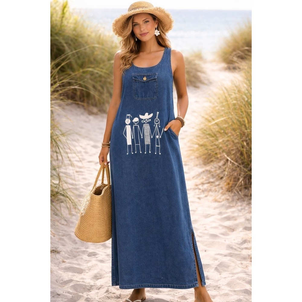 POG Designs Denim Halter Dress Maxi Cotton sz S/M Beach Hippie Boho USA